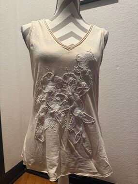 Anthropologie Cream Embroidered V-Neck Tank
